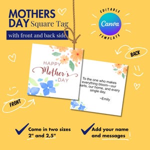 Etiqueta de regalo cuadrada editable para el Día de la Madre, plantilla imprimible de Canva, mensaje personalizado, etiqueta de regalo personalizada, etiqueta de regalo para mamá