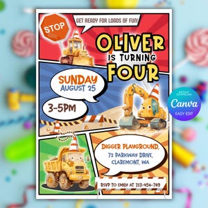 Construction Birthday Invitation: Dump Truck, Excavator Party (Canva Template - Digital Download)