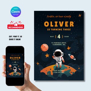 Bearbeitbare Weltraum-Geburtstagseinladung mit Planeten, Rakete und Astronaut - Druckbare Galaxy Party-Vorlage für Kinder auf Canva