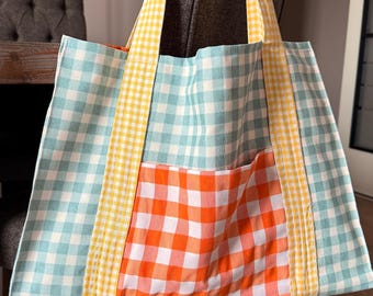 Bolso tote de algodón con patchwork de cuadros vichy hecho a mano: bolso grande de hombro con bolsillos