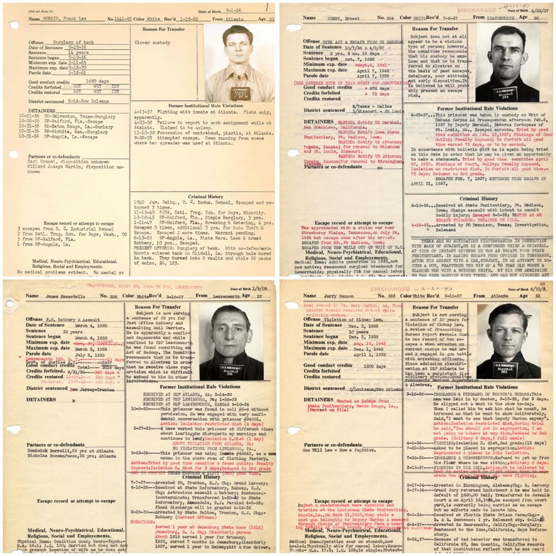 Digital collage of 300+ vintage Alcatraz mugshots and inmate records featuring infamous criminals like Al Capone, George “Machine Gun” Kelly, and Robert Stroud. High-resolution black-and-white prison portraits scanned at 600 DPI. Ideal for true crime fans, junk journalers, scrapbooking, and vintage law enforcement projects. A historical archive capturing the dark legacy of America’s most notorious penitentiary.