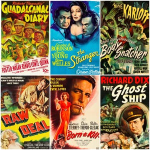 160 vintage movie posters from the 1940s featuring iconic Hollywood stars, film noir classics, and wartime cinema. Includes restored promotional artwork with bold graphics and historic typography. Ideal for collectors, film historians, scrapbookers, and creatives seeking high-quality digital downloads of Golden Age movie advertisements.