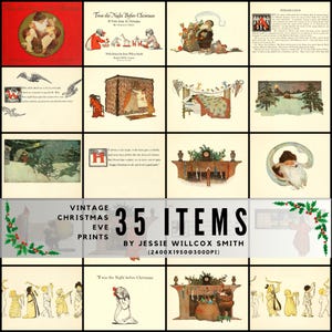 Pode incluir: Uma coleção de 35 gravuras vintage da véspera de Natal de Jessie Willcox Smith. As gravuras apresentam ilustrações de "Twas the Night Before Christmas" e outras cenas festivas, com uma variedade de cores e estilos. O texto "Vintage Christmas Eve Prints" é visível.