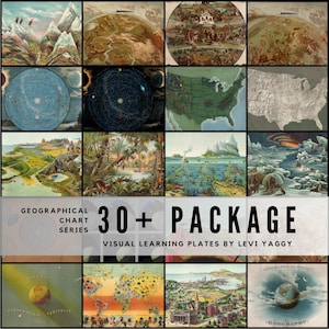 May include: A collection of vintage-style geographical charts and maps. The image features a grid of various illustrations, including landscapes, celestial charts, and world maps. Text reads "Geographical Chart Series" and "30+ Package Visual Learning Plates by Levi Yaggy."