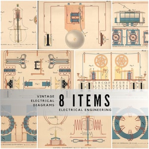 May include: A collection of eight vintage electrical engineering diagrams featuring technical illustrations of circuits, motors, and mechanical components in muted tones of blue, red, and beige with black lettering and various labels.