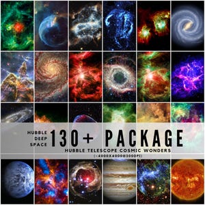 May include: A collage of colorful images of nebulae, galaxies, and planets. The text "130+ PACKAGE" and "HUBBLE DEEP SPACE" is displayed. The images showcase cosmic wonders captured by the Hubble Telescope.