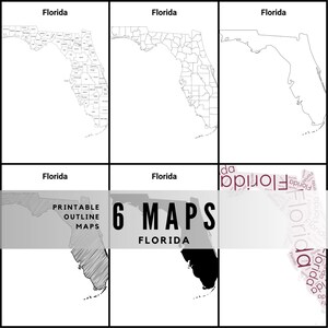 May include: Six printable outline maps of Florida are shown. The maps include detailed county lines, a basic outline, and a shaded version. The title "6 MAPS FLORIDA" is displayed in bold, black text.