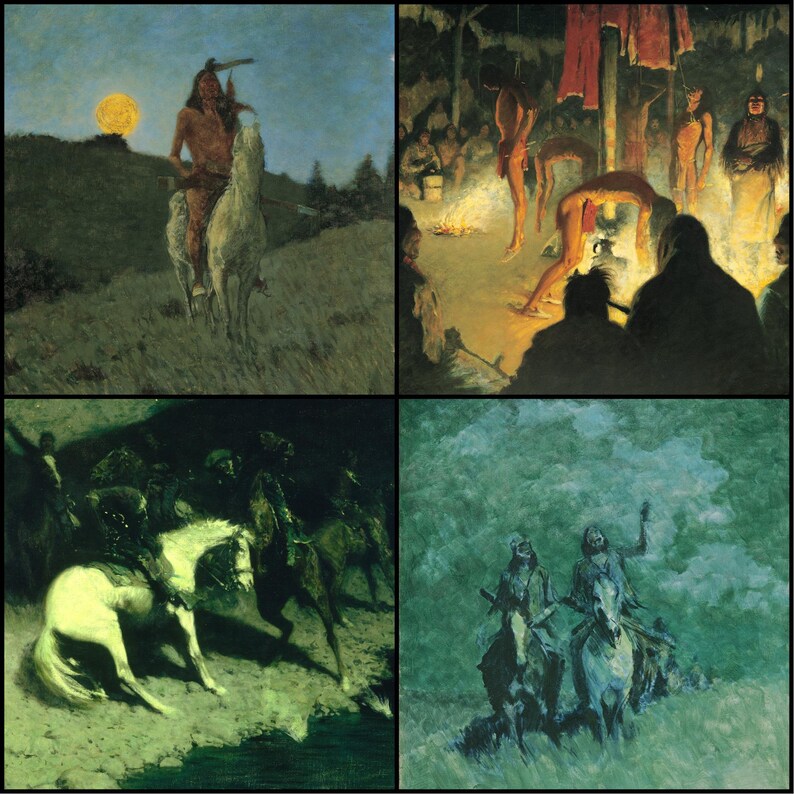 May include: A four-panel artwork depicting scenes of Native American life. One panel shows a figure on horseback under a full moon. Another depicts a gathering around a fire. The other two panels show figures on horseback in a landscape.