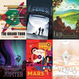 "19 high-resolution NASA space tourism posters showcasing retro-futuristic designs, vibrant interplanetary imagery, and imaginative depictions of space exploration. Ideal for space enthusiasts, educators, collectors, and creatives seeking digital downloads of authentic NASA artwork for wall art, classrooms, journals, and science-themed projects.