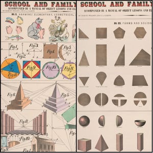 May include: Two vintage educational posters. The left poster features illustrations of objects, animals, and geometric shapes, with the text "SCHOOL AND FAMILY" and "DRAWING: ELEMENTARY, GEOMETRICAL." The right poster displays various geometric forms and solids.