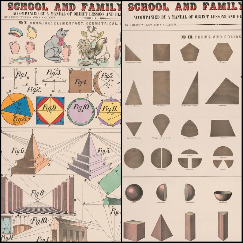 May include: Two vintage educational posters. The left poster features illustrations of objects, animals, and geometric shapes, with the text "SCHOOL AND FAMILY" and "DRAWING: ELEMENTARY, GEOMETRICAL." The right poster displays various geometric forms and solids.