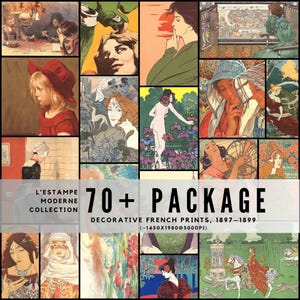 Op de afbeelding: Een collage van decoratieve Franse prenten uit de L'Estampe Moderne Collection, daterend uit 1897-1899. De afbeelding toont art nouveau-illustraties, waaronder portretten en landschappen. De tekst luidt "70+ PACKAGE" en "DECORATIVE FRENCH PRINTS, 1897-1899".