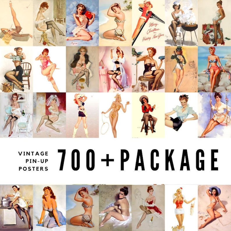 Digital collage of 700+ vintage pinup posters spanning mid-20th-century glamour, featuring iconic figures like Bettie Page, Marilyn Monroe, and Rita Hayworth. Playful poses and nostalgic styling evoke the charm of 1950s classic pinup art. Includes retro fashion, sultry expressions, and stylized compositions—perfect for junk journaling, scrapbooking, wall décor, and collectors of vintage illustration and pop culture ephemera.