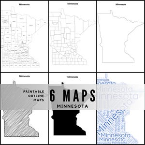 May include: Six printable outline maps of Minnesota are displayed, each in a different style. The maps include county outlines, a simple outline, a shaded outline, and a silhouette. The text "6 MAPS MINNESOTA" is also present.