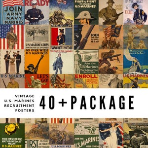 May include: A collage of vintage United States Marine Corps recruitment posters. The posters feature images of Marines in uniform, American flags, and patriotic slogans. The text on the posters includes phrases like "Join the Marines", "First to Fight", and "Want You".