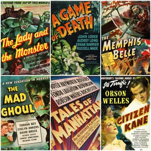 160 vintage movie posters from the 1940s featuring iconic Hollywood stars, film noir classics, and wartime cinema. Includes restored promotional artwork with bold graphics and historic typography. Ideal for collectors, film historians, scrapbookers, and creatives seeking high-quality digital downloads of Golden Age movie advertisements.