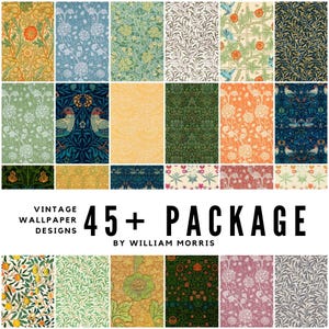 May include: A selection of vintage wallpaper designs by William Morris. The image shows a grid of 24 different patterns, featuring floral, botanical, and bird motifs in various colours, including green, blue, orange, and yellow. The text reads "45+ PACKAGE".