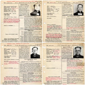 Digital collage of 300+ vintage Alcatraz mugshots and inmate records featuring infamous criminals like Al Capone, George “Machine Gun” Kelly, and Robert Stroud. High-resolution black-and-white prison portraits scanned at 600 DPI. Ideal for true crime fans, junk journalers, scrapbooking, and vintage law enforcement projects. A historical archive capturing the dark legacy of America’s most notorious penitentiary.