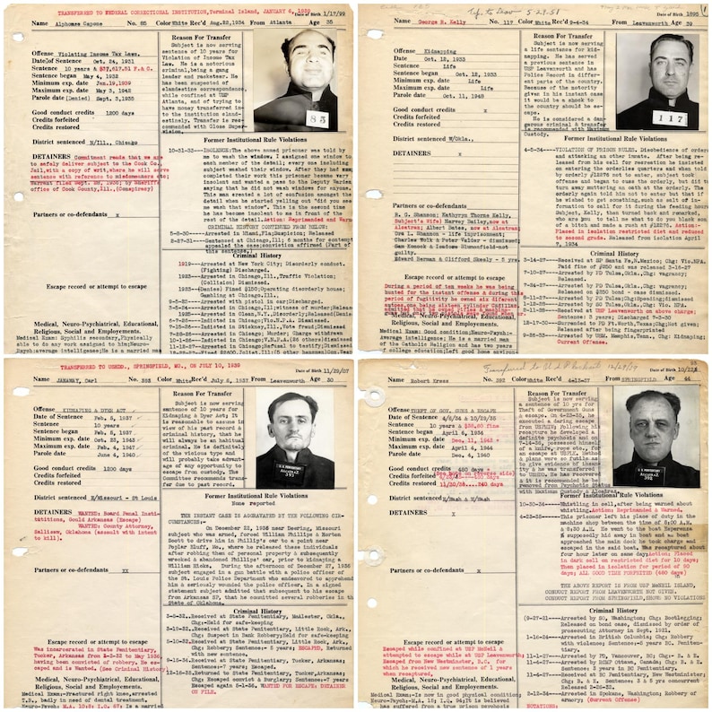 Digital collage of 300+ vintage Alcatraz mugshots and inmate records featuring infamous criminals like Al Capone, George “Machine Gun” Kelly, and Robert Stroud. High-resolution black-and-white prison portraits scanned at 600 DPI. Ideal for true crime fans, junk journalers, scrapbooking, and vintage law enforcement projects. A historical archive capturing the dark legacy of America’s most notorious penitentiary.