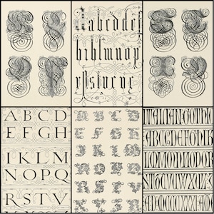 May include: A collection of vintage typography samples, featuring various ornate letterforms and alphabets. The designs are in black ink on a cream-colored background, showcasing detailed calligraphy and decorative elements.