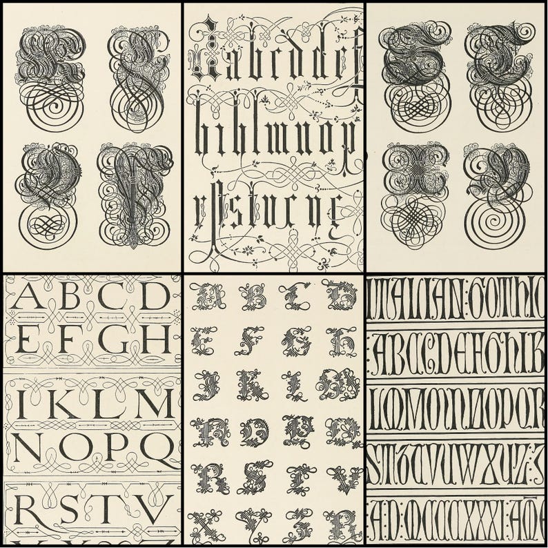 May include: A collection of vintage typography samples, featuring various ornate letterforms and alphabets. The designs are in black ink on a cream-colored background, showcasing detailed calligraphy and decorative elements.