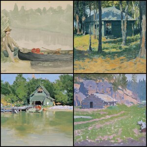 May include: A collection of four landscape paintings. One depicts a person with a boat on a lake. Another shows a cabin in the woods. The third shows a boathouse on a lake. The last shows a cabin in a field.