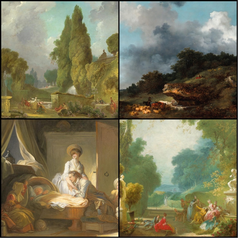 May include: A four-panel artwork featuring classical landscape and domestic scenes. The top left panel depicts a garden with figures near a fountain. The top right shows a pastoral scene with sheep. The bottom left portrays a family scene. The bottom right shows a garden party.
