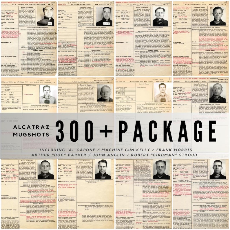 Digital collage of 300+ vintage Alcatraz mugshots and inmate records featuring infamous criminals like Al Capone, George “Machine Gun” Kelly, and Robert Stroud. High-resolution black-and-white prison portraits scanned at 600 DPI. Ideal for true crime fans, junk journalers, scrapbooking, and vintage law enforcement projects. A historical archive capturing the dark legacy of America’s most notorious penitentiary.