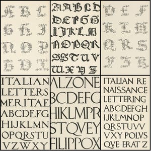 May include: A collection of vintage alphabet designs in black ink on a cream-colored background. The image showcases various fonts, including ornate, gothic, and classic styles, with examples of Italian lettering.
