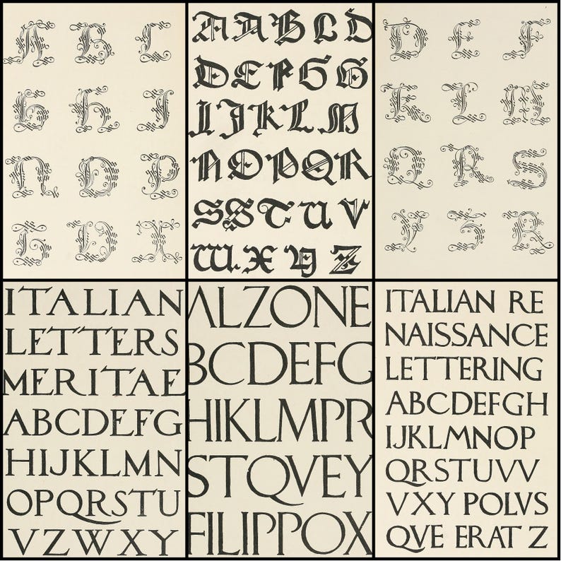 May include: A collection of vintage alphabet designs in black ink on a cream-colored background. The image showcases various fonts, including ornate, gothic, and classic styles, with examples of Italian lettering.