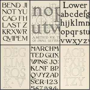 May include: A vintage typography study featuring various letterforms and fonts. The image is divided into sections, showcasing uppercase and lowercase letters, along with the text "A METHOD FOR THE OF SMALL LETTER". The letters are in black ink on a cream background.