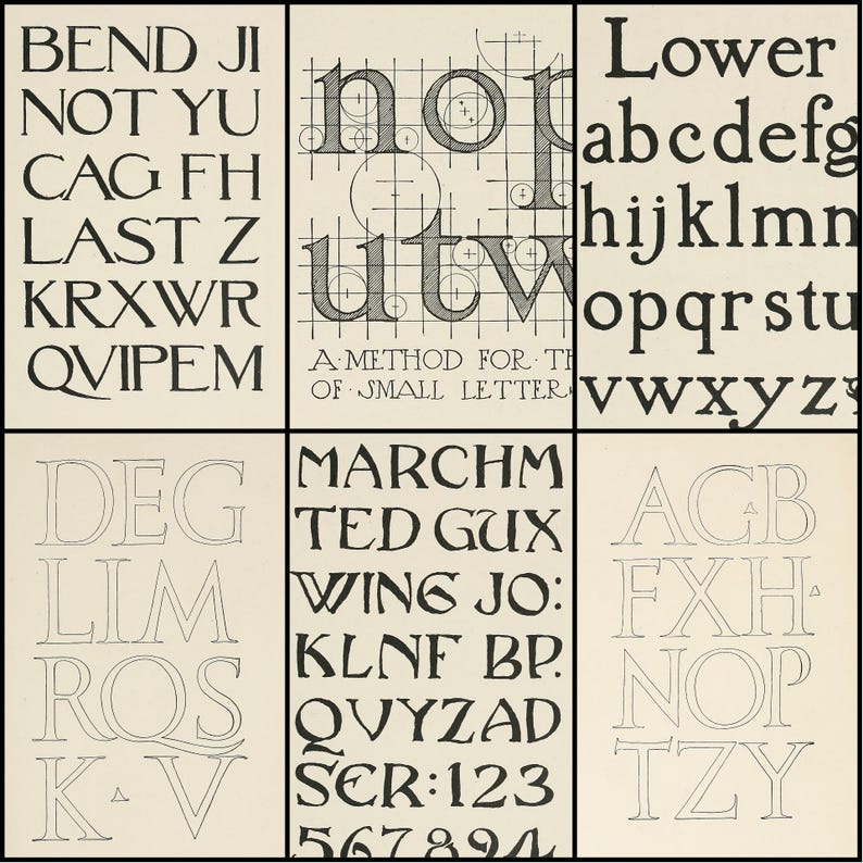 May include: A vintage typography study featuring various letterforms and fonts. The image is divided into sections, showcasing uppercase and lowercase letters, along with the text "A METHOD FOR THE OF SMALL LETTER". The letters are in black ink on a cream background.