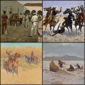May include: A collection of four Western-themed paintings. One depicts a group of men in a courtyard, another shows cowboys on horseback, a third features a lone rider, and the last shows men in a boat on the water.
