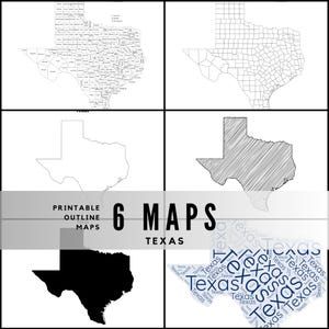 Peut inclure: Six cartes en noir et blanc du Texas, chacune avec un style de contour différent. Les cartes comprennent des contours de comté détaillés, des formes simplifiées et une silhouette noire. Le texte indique "PRINTABLE OUTLINE MAPS" et "6 MAPS TEXAS".