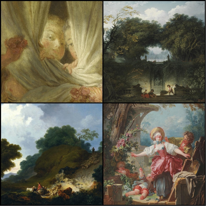 May include: A collage of four classical paintings. The top left shows two figures partially obscured by a white cloth. The top right depicts a garden scene with figures. The bottom left shows a landscape with figures. The bottom right shows figures in a garden setting.