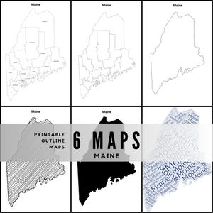 Peut inclure: Six cartes imprimables du Maine en différents styles. Les cartes comprennent des divisions de comté détaillées, des contours simples et des versions ombragées. Le texte "6 MAPS MAINE" est affiché en évidence.