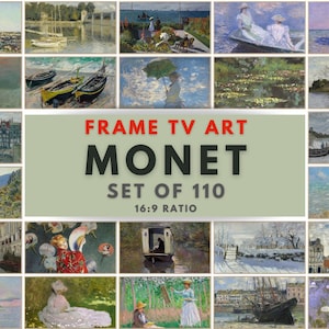Op de afbeelding: Een digitale collectie van 110 schilderijen van Claude Monet, geformatteerd voor Frame TV in een 16:9-verhouding. De weergave toont een collage van impressionistische landschappen, zeegezichten en figuren, met de tekst FRAME TV ART MONET SET OF 110 16:9 RATIO.