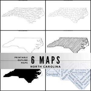 Peut inclure: Six cartes imprimables en noir et blanc de la Caroline du Nord, avec des contours, dont des cartes détaillées des comtés et des contours simplifiés. Le texte "6 MAPS NORTH CAROLINA" et "PRINTABLE OUTLINE MAPS" est également présent.