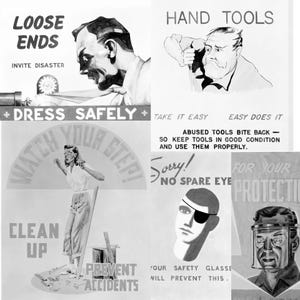14 vintage safety posters featuring bold mid-century designs and classic safety slogans such as 'Danger Keep Out' and 'No Smoking.' Includes striking graphics, vibrant colors, and retro workplace messaging. Ideal for educators, collectors, scrapbookers, and creatives seeking digital downloads of nostalgic public safety ephemera for décor or mixed media projects.