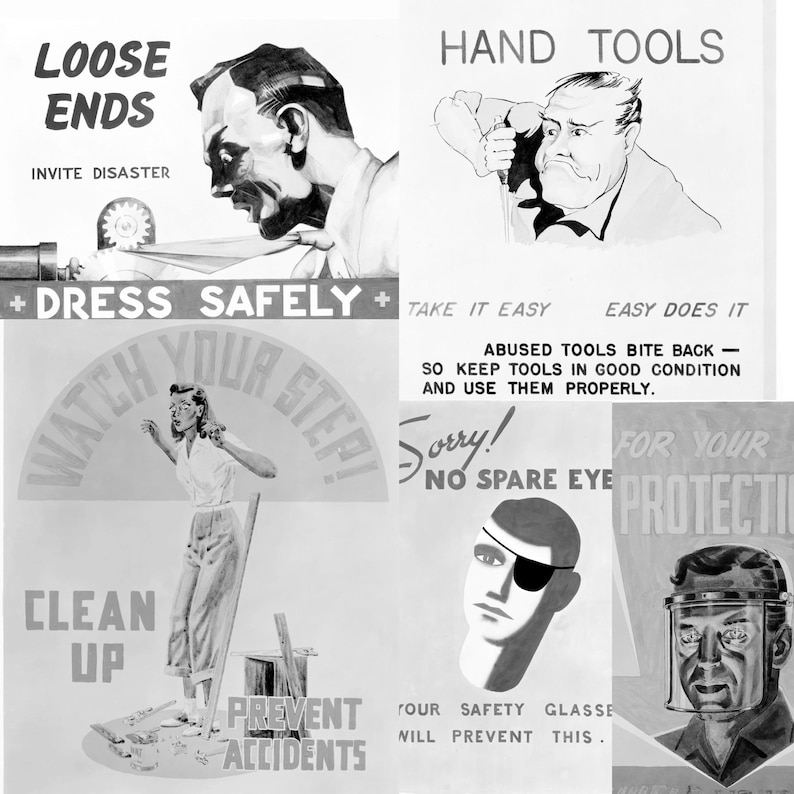 14 vintage safety posters featuring bold mid-century designs and classic safety slogans such as 'Danger Keep Out' and 'No Smoking.' Includes striking graphics, vibrant colors, and retro workplace messaging. Ideal for educators, collectors, scrapbookers, and creatives seeking digital downloads of nostalgic public safety ephemera for décor or mixed media projects.