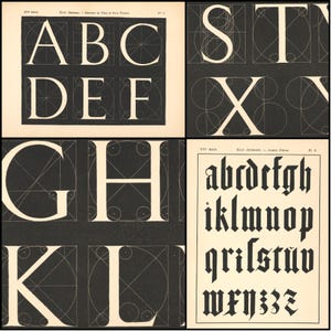 May include: A vintage print featuring various letterforms, including uppercase and lowercase alphabets. The letters are displayed in a grid-like arrangement, with each letter's construction outlined in geometric shapes. The color palette is black and off-white.