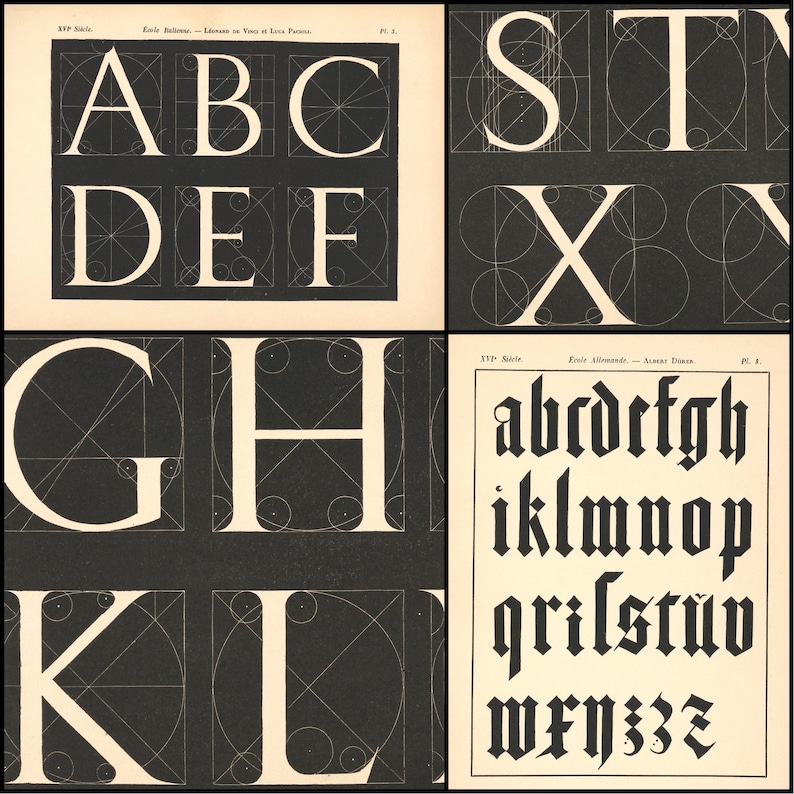 May include: A vintage print featuring various letterforms, including uppercase and lowercase alphabets. The letters are displayed in a grid-like arrangement, with each letter's construction outlined in geometric shapes. The color palette is black and off-white.