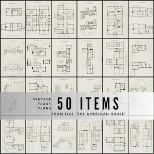 May include: Collection of 50 vintage floor plans from 1922's "The American House." The images are black and white architectural drawings of various house layouts. Each plan is detailed with walls, doors, and room configurations.