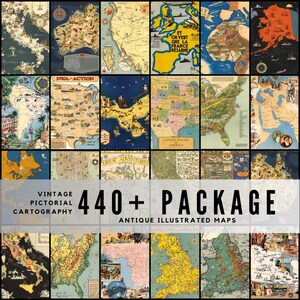 May include: A selection of vintage pictorial cartography maps with antique illustrations. The maps display a variety of colours. The image text reads "440+ PACKAGE ANTIQUE ILLUSTRATED MAPS".