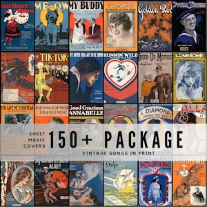 Könnte beinhalten: Eine Sammlung von Vintage-Notenblättern mit farbenfrohen Illustrationen und Texten. Das Bild zeigt eine Vielzahl von Designs, mit Titeln wie "Me-Ow My Buddy" und "Tik-Tok". Der Text "150+ PACKAGE" und "Vintage Songs in Print" ist ebenfalls sichtbar.