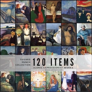 May include: A grid of 20 images of Edvard Munch's iconic expressionist artworks. The collection includes paintings such as "The Scream" and other works featuring figures, landscapes, and scenes with bold colors and emotional intensity. Text reads "Edvard Munch Collection 120 Items Iconic Expressionist Works".