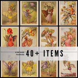 Può includere: Una collezione di illustrazioni di fate vintage. Ogni carta presenta una fata con ali, fiori o frutta. Il testo "VINTAGE FAIRIES" e "40+ ITEMS" è visualizzato al centro dell'immagine.
