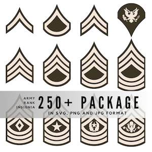 May include: A selection of U.S. Army rank insignia. The image features chevrons, crests, and other symbols, with the text "250+ PACKAGE" and "ARMY RANK INSIGNIA" in the centre. The insignia are available in SVG, PNG, and JPG formats.