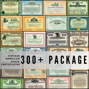 Könnte beinhalten: Eine Sammlung alter amerikanischer Aktienzertifikate mit verschiedenen Designs und Farben. Das Bild zeigt Zertifikate verschiedener Unternehmen mit den Texten "Common" und "Package". Der Text "300+" ist ebenfalls sichtbar.
