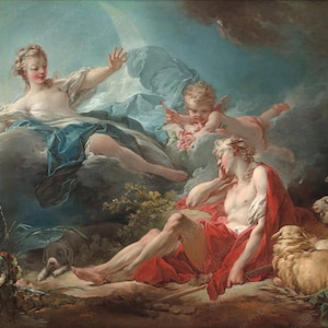 May include: A classical painting depicts a woman on clouds, reaching out, with a cherub and a man in red drapery. Sheep graze nearby. The artwork features soft colors and a dreamy atmosphere, evoking a sense of mythology.